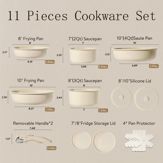 CAROTE 15pcs Pots and Pans Set, Nonstick Cookware Set Detachable Handle, Induction Kitchen Cookware Sets Non Stick with Removable Handle, RV Cookware Set, Oven Safe, Greige Beige