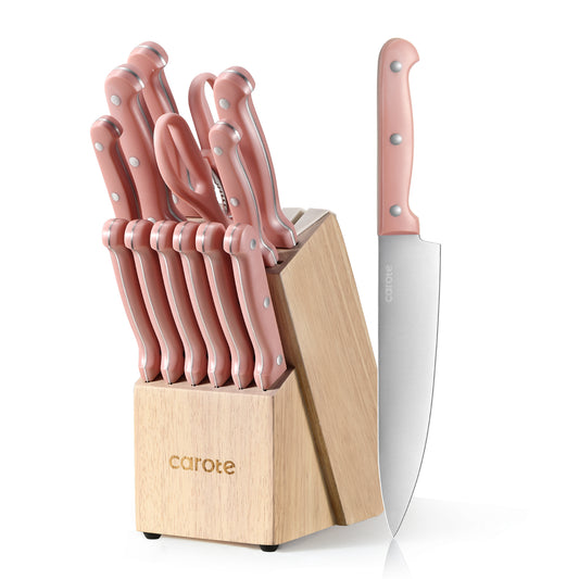 CAROTE 14 Pieces Knife Set with Block, Forged, High Carbon Stainless Steel Sharp Blade Block Knife Set, Dishwasher Safe Cutlery, Pink