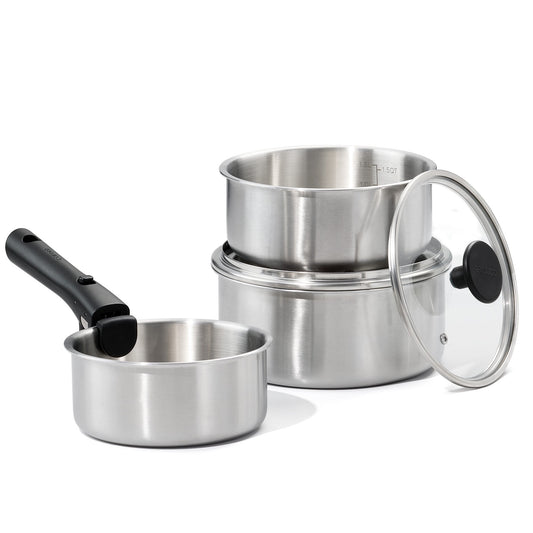"  Carote 6 Pcs Stainless Steel Saucepan Set, Sauce Pans with Detachable Handle, Oven Safe, Induction Ready, Stackable Cookware, Kitchen Cooking Set"