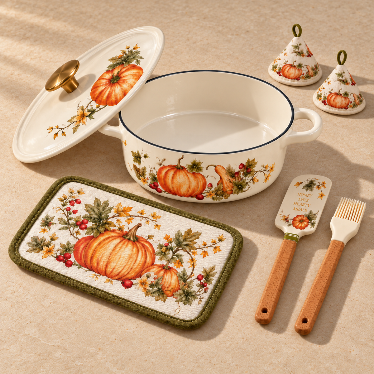 Pumpkin-Shape 7-Piece Enameled Dutch Oven Set