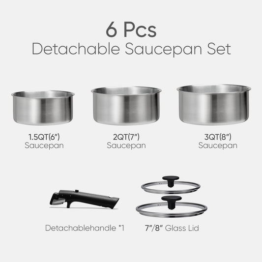 "  Carote 6 Pcs Stainless Steel Saucepan Set, Sauce Pans with Detachable Handle, Oven Safe, Induction Ready, Stackable Cookware, Kitchen Cooking Set"