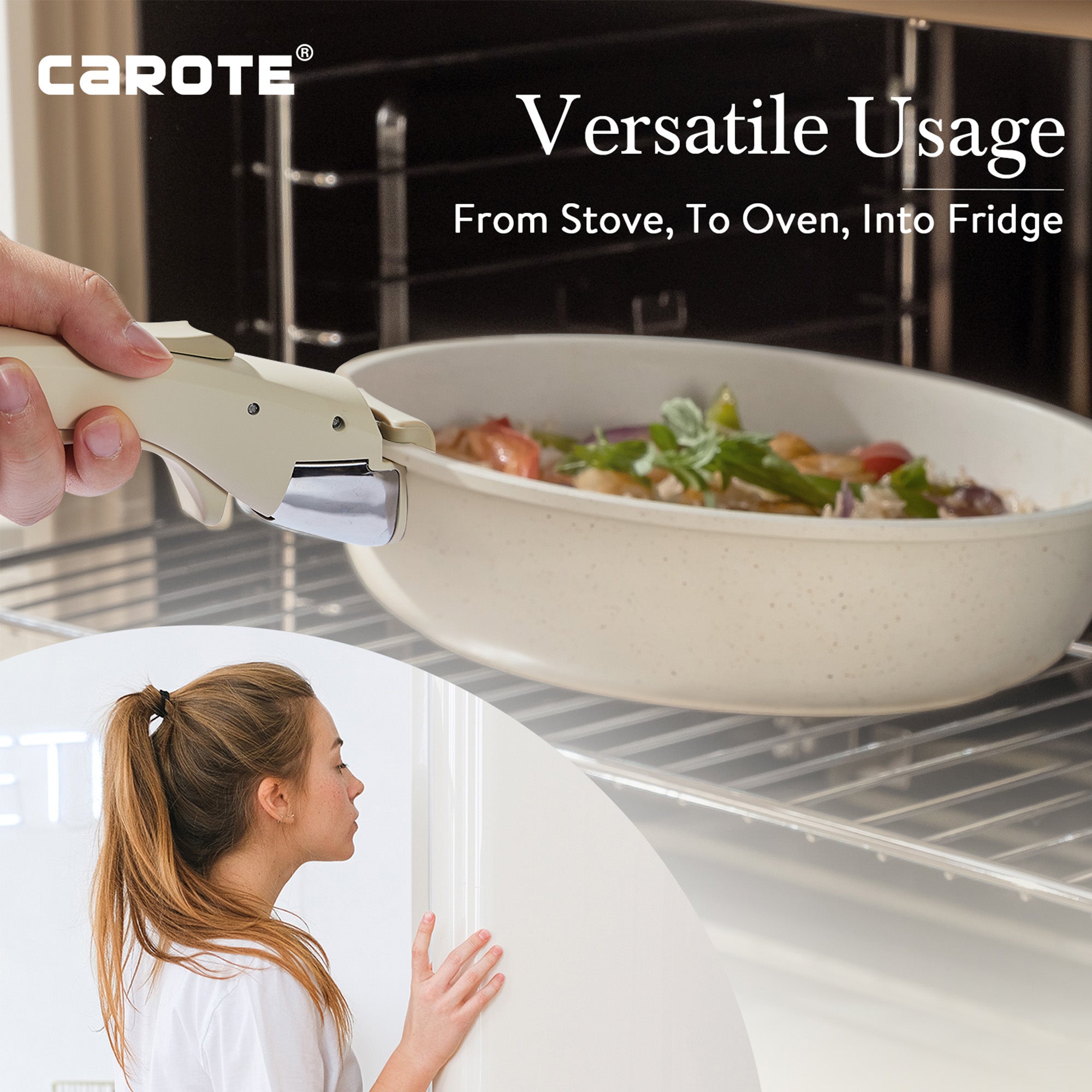 CAROTE 11 件套不沾鍋炊具套裝，帶可拆卸手柄 - 奶油白