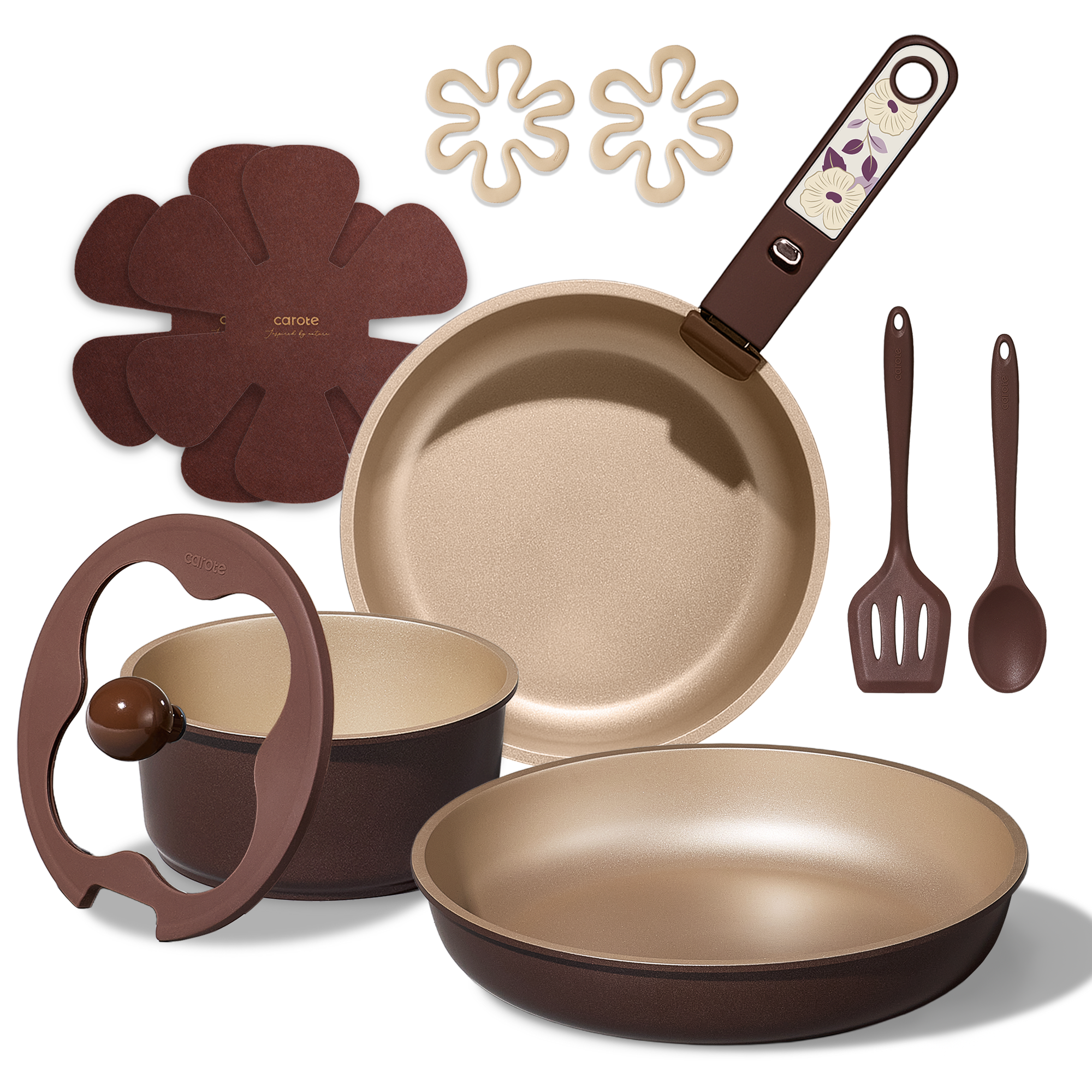 CAROTE 11pcs Ceramic Cookware Set, Pots and Pans Set Non stick, Induction Kitchen Cookware with Removable Handle, Dishwasher & Oven Safe, RV/Camping Cookware, PFAS Free, Brown