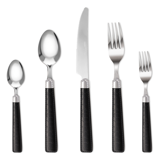 Carote Silverware Set for 4, 20 Pcs Stainless Steel Flatware Set, Mirror Polished Cutlery Utensil Set Including Knife Fork Spoon with Leather Patterned ABS Handle, Black