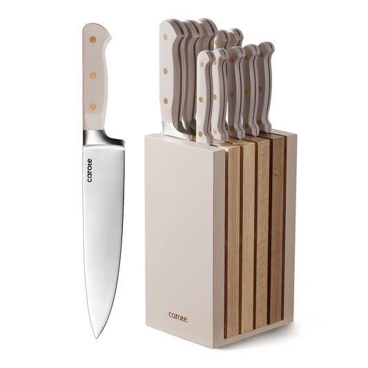 CAROTE 11PCS Knife Set with Block for kitchen, Stainless Steel Razor-Sharp Blade, Triple Riveted Ergonomic Handle,Essential Knife Set,Brown