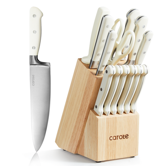 CAROTE 14-Piece High Carbon Stainless Steel Knife Set with Wooden Block - Ergonomic Triple-Riveted Handle - Pearl White