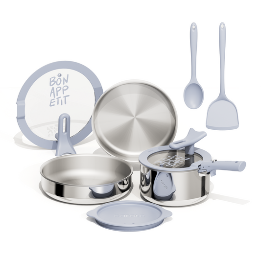 CAROTE 11pcs Tri-Ply Stainless Steel Cookware Set with Detachable Handle, Pots and Pans Set, Induction Kitchen Cooking Sets, RV/Camping Cookware, Stand-Up Lid, Oven Safe, Blue