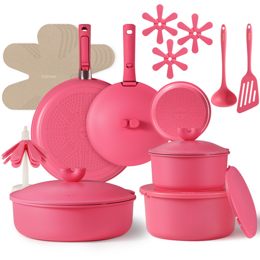 Carote 24Pcs Nonstick Pink Cookware Sets W/ Die-Cast Lid, Detachable Pots and Pans Set Non Stick