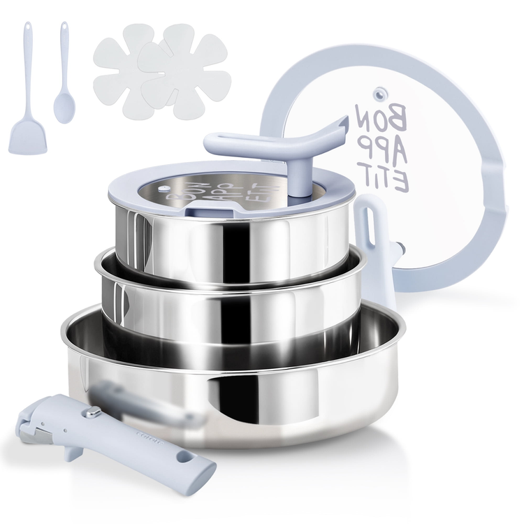 Carote 10-Piece Tri-Ply Stainless Steel Cookware Set with Detachable Handle, Induction Compatible