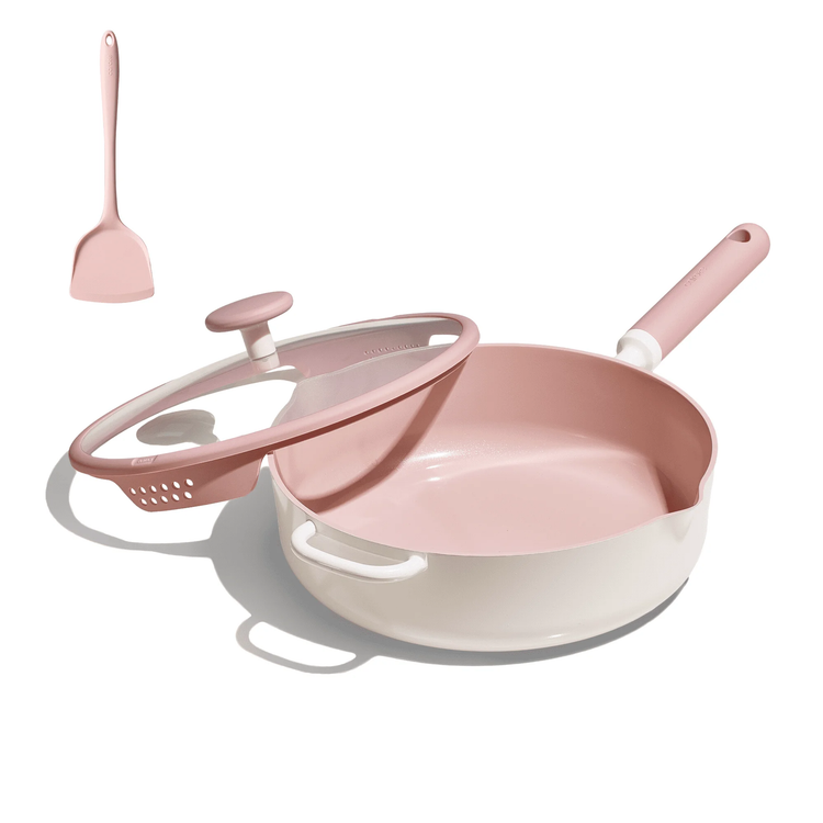 CAROTE 11 Inch Nonstick Deep Frying Pan with Lid, 5 Qt Chef Saute Pan with Pour Spout, Skillet Induction Cookware, Non Stick Cooking Pan,Healthy & PFOA/PFAS Free, Includes Spatula, Pink&White