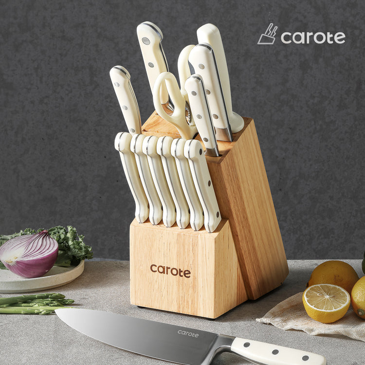 CAROTE 14-Piece High Carbon Stainless Steel Knife Set with Wooden Block - Ergonomic Triple-Riveted Handle - Pearl White
