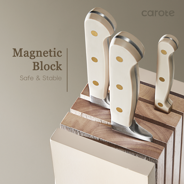 CAROTE 11PCS Knife Set with Block for kitchen, Stainless Steel Razor-Sharp Blade, Triple Riveted Ergonomic Handle,Essential Knife Set, Beige