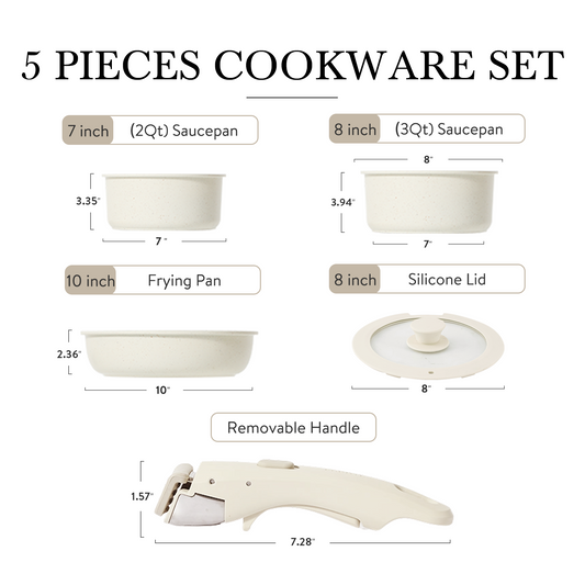 CAROTE White 5 PCS Detachable Handle Cookware Sets