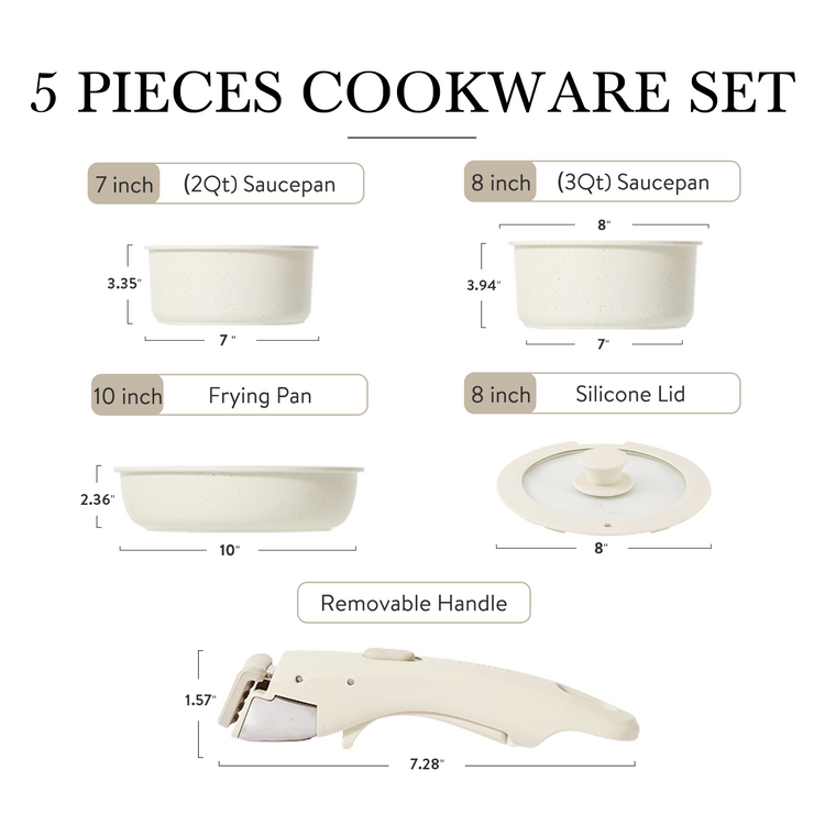 CAROTE White 5 PCS Detachable Handle Cookware Sets