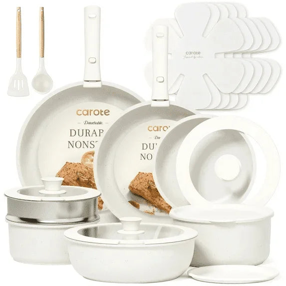 Carote 21 Pcs Nonstick Cookware Set, Pots and Pans Set with Detachable Handles, Oven/Dishwasher Safe, Stackable Kitchen Cooking Set, White Granite.
