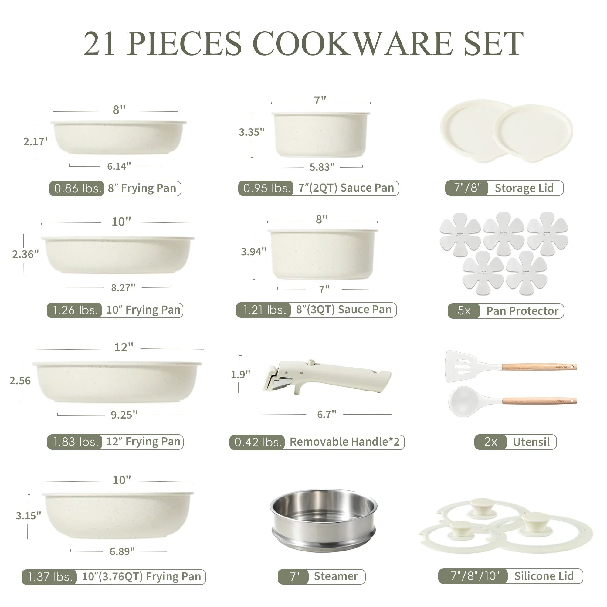 Carote 21 Pcs Nonstick Cookware Set, Pots and Pans Set with Detachable Handles, Oven/Dishwasher Safe, Stackable Kitchen Cooking Set, White Granite.