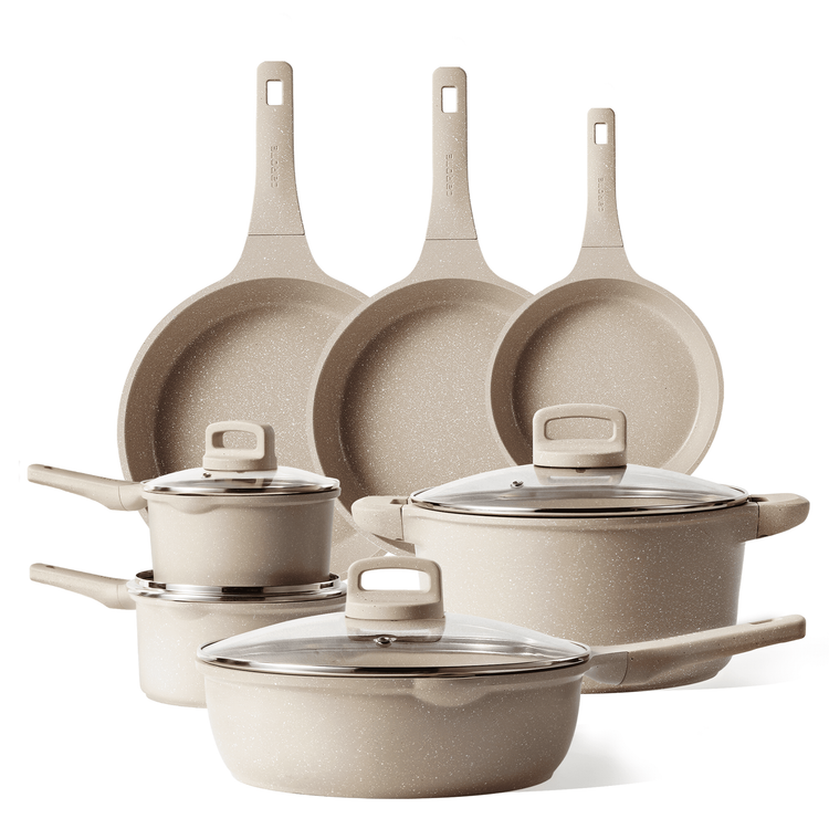 Carote 11-Piece Pots and Pans Set, Nonstick Cookware with Lids, Induction Compatible Kitchen Cooking Set, Taupe