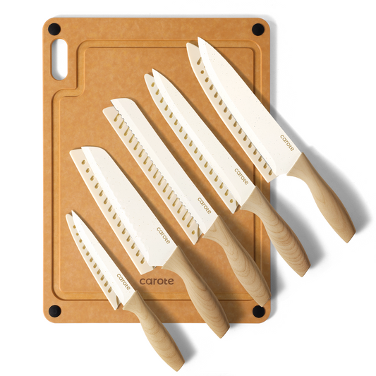 CAROTE Knife Set, 11Pcs Kitchen Knives Set with 5 Blade Guards, Wooden Cutting Board, Rustproof Stainless Steel Kitchen Knife Sets with Nonstick Ceramic Surface