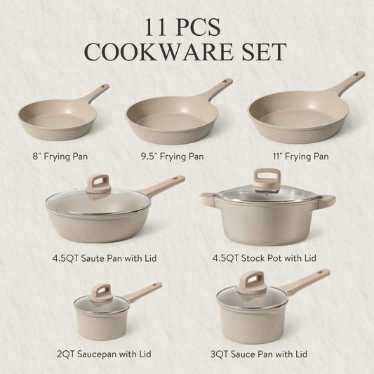 Carote 11-Piece Pots and Pans Set, Nonstick Cookware with Lids, Induction Compatible Kitchen Cooking Set, Taupe