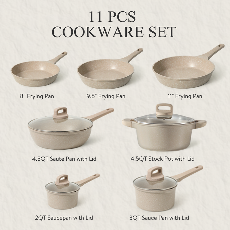 Carote 11-Piece Pots and Pans Set, Nonstick Cookware with Lids, Induction Compatible Kitchen Cooking Set, Taupe