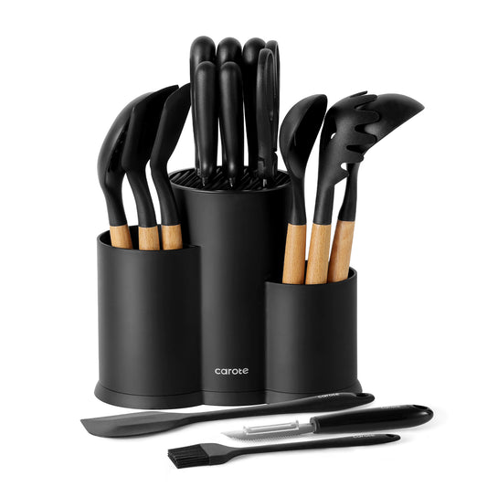 CAROTE 16 Pieces Knife Set with Block, Sharp Blade Stainless Steel Block Knife Set, Kitchen Utensil Gadgets Cutlery with Anti-slip Handle, Black