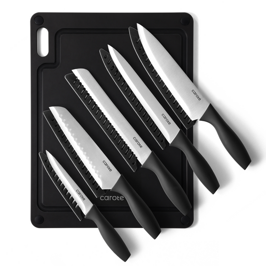 CAROTE Knife Set, 11Pcs Kitchen Knives Set with 5 Blade Guards, Wood Fiber Cutting Board, Rustproof Stainless Steel Kitchen Knife Sets, Black