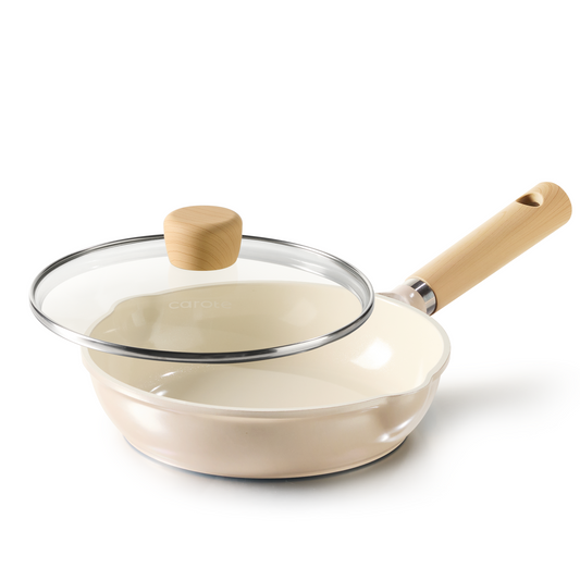 CAROTE 8" Ceramic Frying Pan with Lid, Non Stick Frying Pan Skillet Chef's Pan, Healthy & PFOA/PFAS Free, Induction-Compatible, Taupe