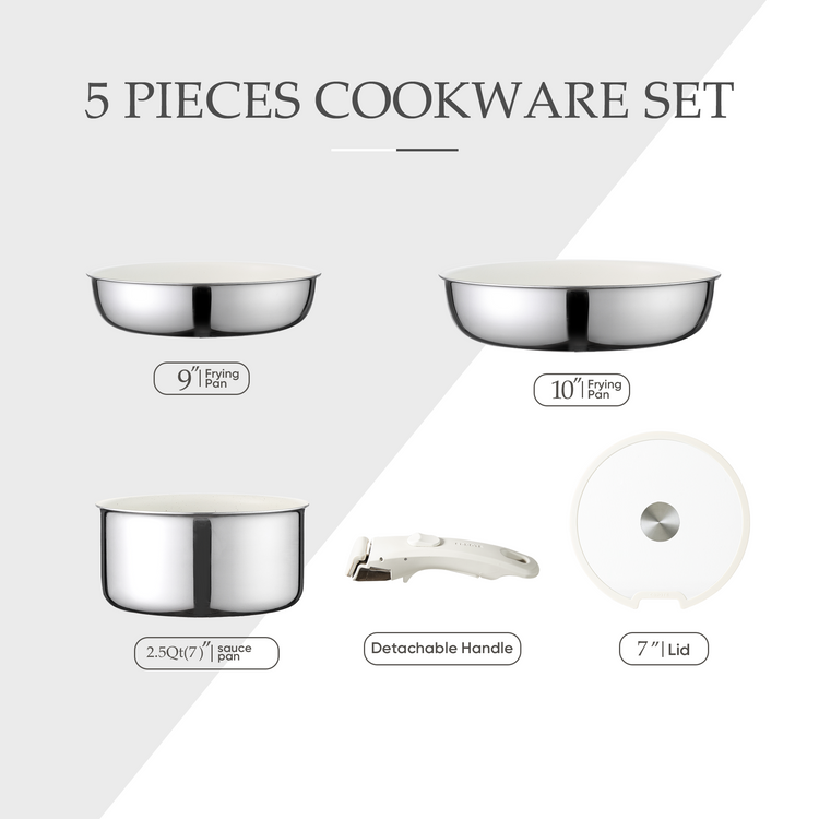 CAROTE 5pcs Stainless Steel Cookware Set, Non Stick Pots and Pans Set with Removable/Detachable Handle, Oven/Dishwasher Safe, RV Cookware, Frying Pan Set