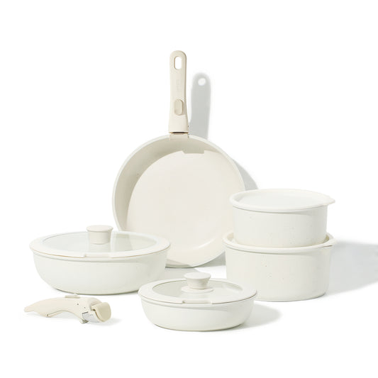 CAROTE 11-Piece Nonstick Cookware Set with Detachable Handles - White Granite