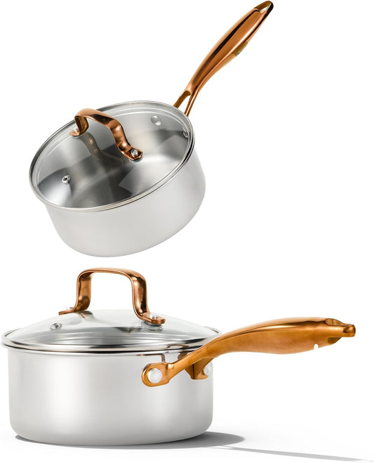 CAROTE 1.6Qt & 3.0Qt Fully-Clad 3-Ply Stainless Steel Sauce Pan Set with Lids Small Kitchen Pots,Even Heating, Fits all stoves,Oven & Dishwasher Safe,Stay Cool Handle