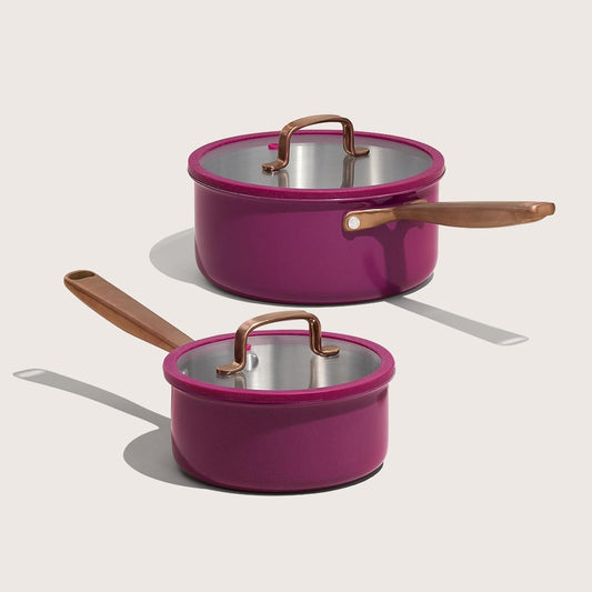 CAROTE 1.60t & 3.0Qt Fully-Clad 3-Ply Stainless SteelSauce Pan Set with Lids Small Kitchen Pans,Outer CeramicLayer,Even Heating, Fits all stoves,Oven & DishwasherSafe,Stay Cool Handle,Purple