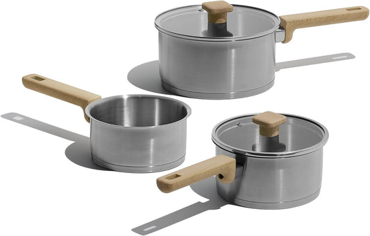CAROTE 1QT saucepan without lid and 1.6QT & 2.5QT stainless steel saucepan with lids set,3-ply Base,Induction Available Stainless Steel Pans Set,Tempered Glass Lids,Even heating,Fits all stoves