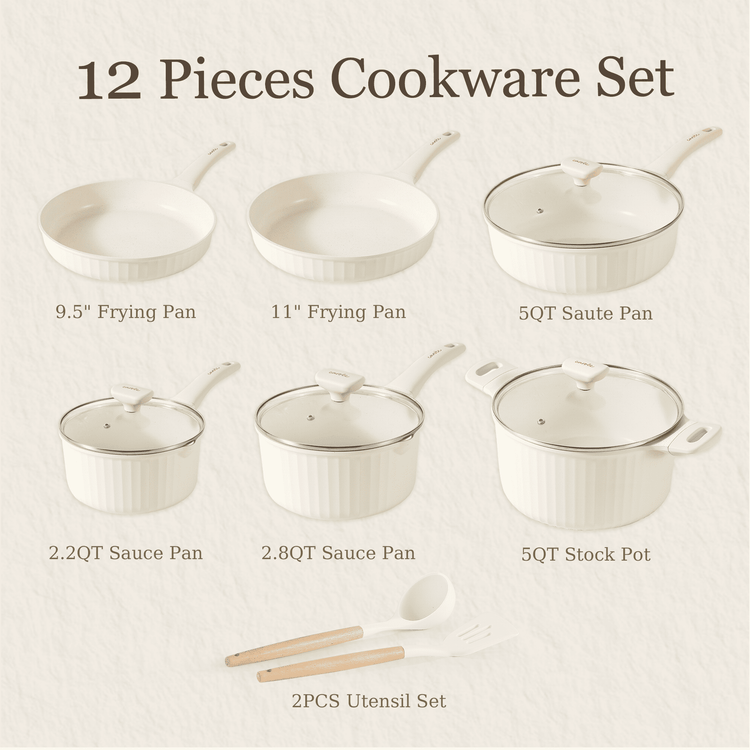 CAROTE 12pcs Pots and Pans Set Non Stick, Kitchen Cookware Set, Induction Kitchen Cookware Sets, Easy to Clean, White and Gold