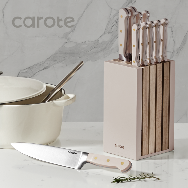 CAROTE 11 件套厨房刀具套装，带刀座，不锈钢锋利刀片，三铆钉人体工程学手柄，必备刀具套装，咖啡