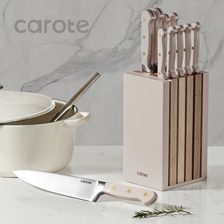 CAROTE 11PCS Knife Set with Block for kitchen, Stainless Steel Razor-Sharp Blade, Triple Riveted Ergonomic Handle,Essential Knife Set, Coffee