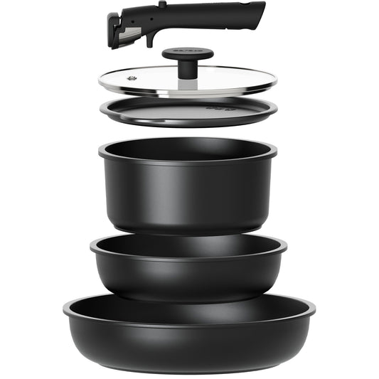 CAROTE 6pcs Pots and Pans Set Non Stick, Cookware Sets, Kitchen Set, Oven/Fridge Safe, Space Saving Pots Set, Nonstick Cooking Set with Versatile Detachable Handle, Induction RV Set, Jet Black