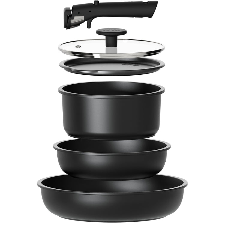 CAROTE 6pcs Pots and Pans Set Non Stick, Cookware Sets, Kitchen Set, Oven/Fridge Safe, Space Saving Pots Set, Nonstick Cooking Set with Versatile Detachable Handle, Induction RV Set, Jet Black