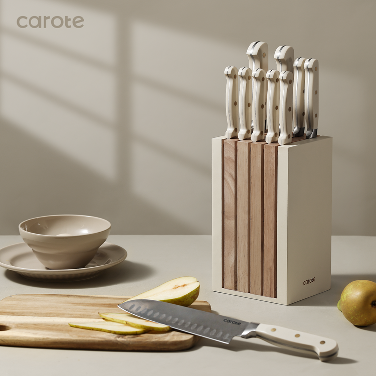 CAROTE 11 件廚房刀具套裝，附刀座，不銹鋼鋒利刀片，三重鉚接人體工學手柄，基本刀具套裝，米色