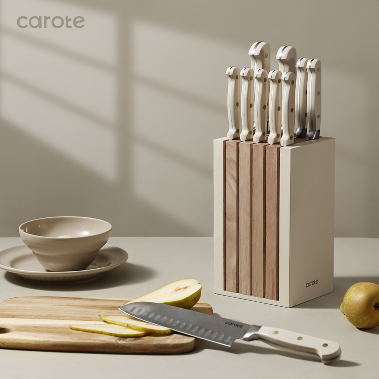 CAROTE 11PCS Knife Set with Block for kitchen, Stainless Steel Razor-Sharp Blade, Triple Riveted Ergonomic Handle,Essential Knife Set, Beige