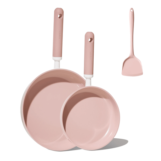 CAROTE Nonstick Ceramic Frying Pan Skillet, Non Stick Skillet Chef's Pan,Healthy & PFOA/PFAS Free, Induction-Compatible, Dishwasher Safe & Includes Silicone Spatula,Pink&White（ 8+10 Inch）