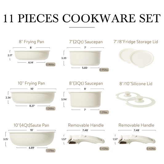 CAROTE 11-Piece Nonstick Cookware Set with Detachable Handles - White Granite
