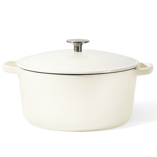 CAROTE 6Qt Enamel Cast Iron Dutch Oven Pot With Lid, Oven Safe Up to 500°F, Cast Iron Pot Wide Flat Cooking Surface with Large Handle Metal Knob, Locking in Nutrients and Easy Cleaning, Cream