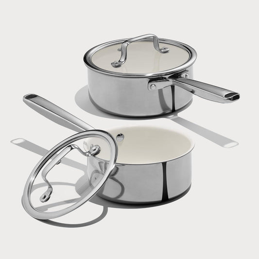 CAROTE 1.6Qt & 3.0Qt Ceramic Non Stick Sauce Pan with Lid,3-Ply Stainless Clad with Stay-Cool Handle,Non-toxic,Easy to Clean,Fits all stoves,Stay Cool Handle, Non-toxic and Oven Safe, PFOA PFAS Free