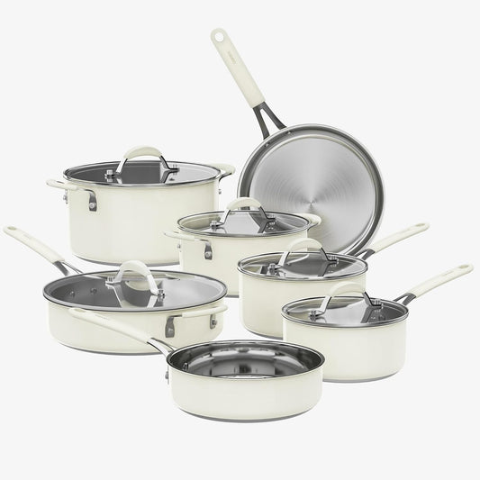 CAROTE 12Pcs Stainless Steel Cookware Set,Stainless Steel Pots and Pans Set with Tempered Glass Lids, Induction Kitchen Cookware Sets with Stay-Cool Handles,Includes Stockpot, White