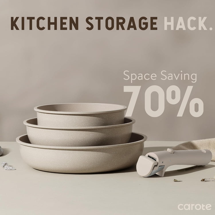 CAROTE 15 件套不粘锅具套装，带可拆卸手柄 - 经典灰褐色