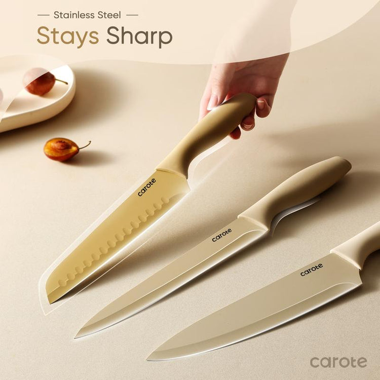 CAROTE 12 件廚房刀具套裝，不銹鋼刀具套裝，帶不沾陶瓷塗層，防鏽，棕色
