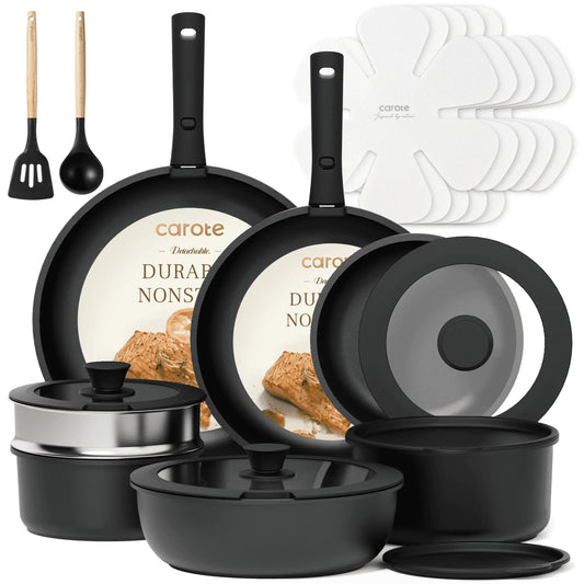 Carote 21 Pieces Nonstick Cookware Set, Pots and Pans Set with Detachable Handles, Oven/Dishwasher Safe, Stackable Kitchen Cooking Set, Black
