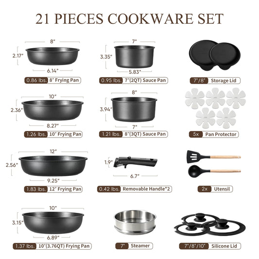 Carote 21 Pieces Nonstick Cookware Set, Pots and Pans Set with Detachable Handles, Oven/Dishwasher Safe, Stackable Kitchen Cooking Set, Black