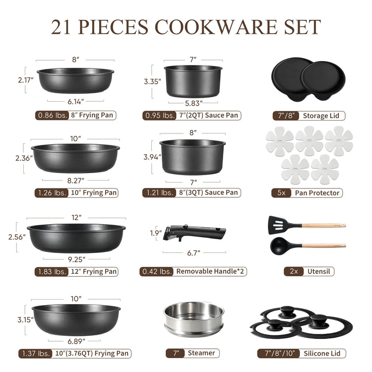 Carote 21 Pieces Nonstick Cookware Set, Pots and Pans Set with Detachable Handles, Oven/Dishwasher Safe, Stackable Kitchen Cooking Set, Black