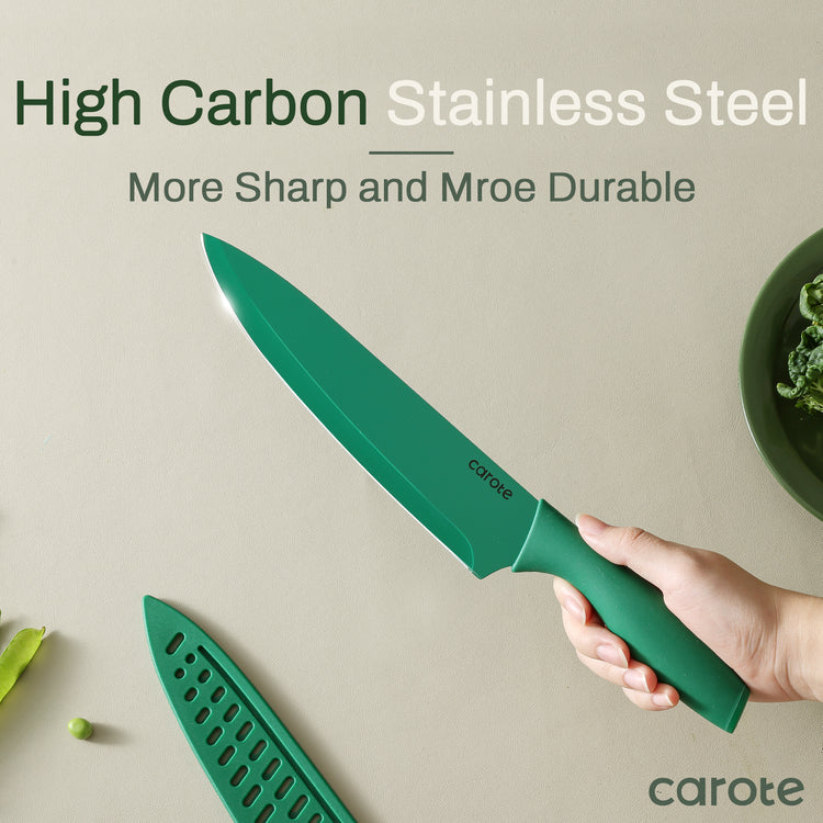 CAROTE 12 Pieces Stainless Steel Kitchen Knives,Anti-Rust Creamic Coating with 6 Blade Guards, Dishwasher Safe Knife,Green